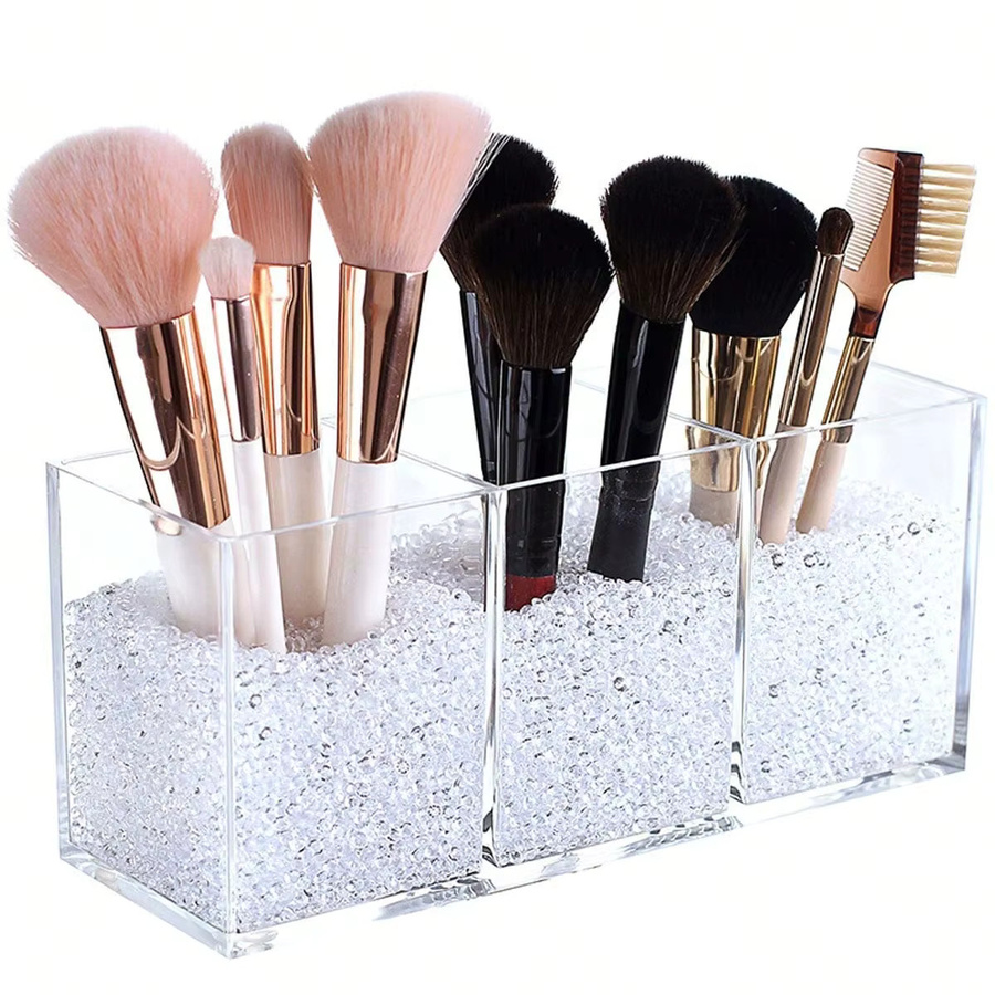 Transparenter Drei-Fächer-Pinselhalter aus Kunststoff als Desktop-Aufbewahrungsbox für Make-up-Pinsel, Stifte und Kamm-Organizer - Bild 2