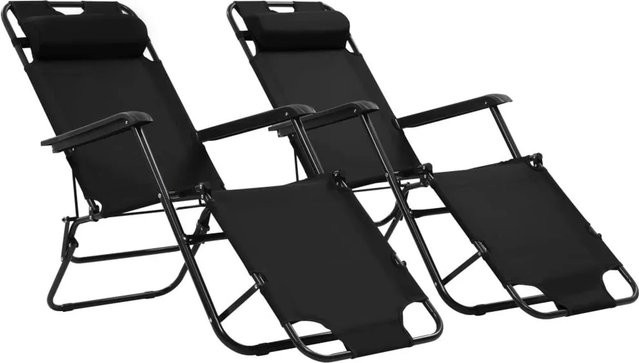 Furnicato Set aus 2 klappbaren Sonnenliegen mit Fußablage und verstellbarer Kopfstütze, Schwarz, Textilene und pulverbeschichteter Stahl - Bild 1