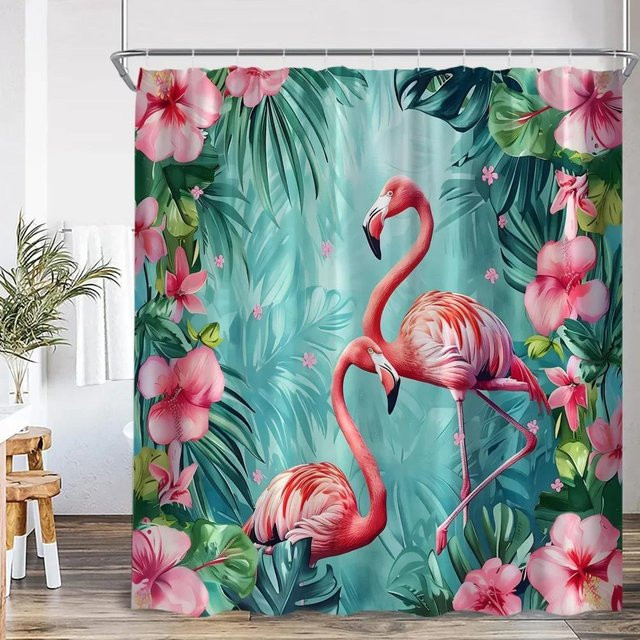 Baifenbai Home Furnishing Duschvorhang Flamingo mit tropischen Blättern in Rosa, B: 120 cm, H: 180 cm - Bild 1