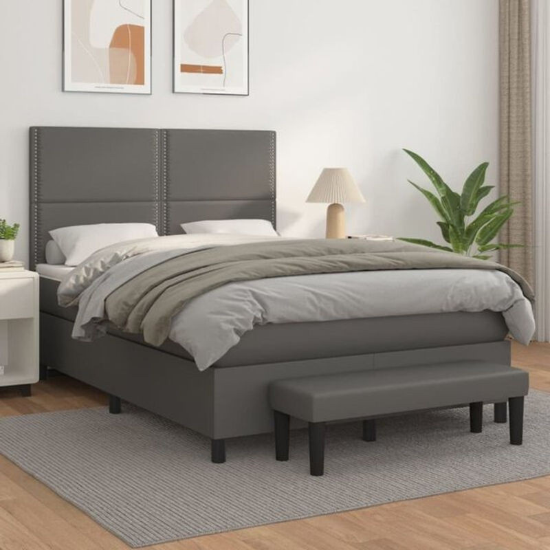 vidaxl Boxspringbett mit Matratze in Grau aus Kunstleder mit modernem Polsterdesign, B/T/H: 140 x 200 cm - Bild 1