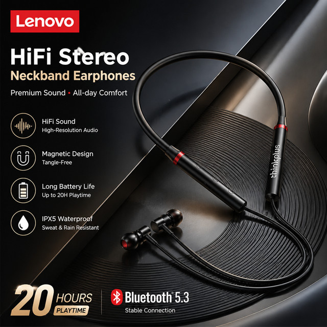 Lenovo HE05X Bluetooth In-Ear Kopfhörer mit HIFI-Sound und magnetischem Nackenbügel in Schwarz - Bild 1