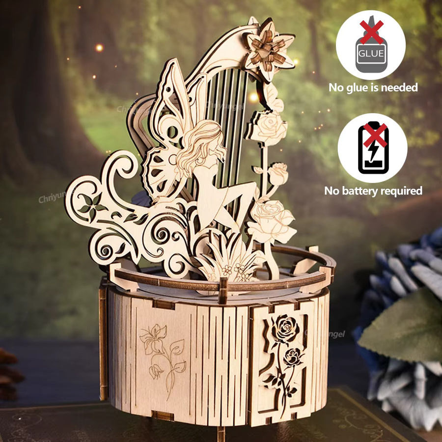 Chriyungel 3D-Holzpuzzle Feen-Spieluhr als DIY-Montagemodell in Naturholzfarben - Bild 2