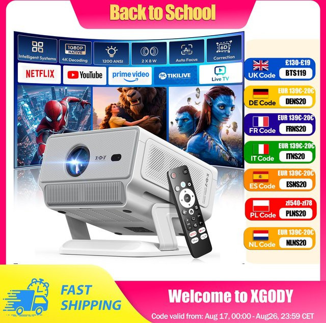 XGODY N8 Beamer mit Native 1080P Full HD, 1200 ANSI, Autofokus, Trapezkorrektur, Netflix, Kurzstrecke Heimkino und WiFi6 in Weiß - Bild 1
