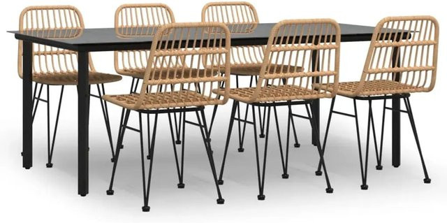 vidaXL 7-teilige Garten-Essgruppe aus Poly-Rattan in Braun mit Hartglas-Tischplatte - Bild 1