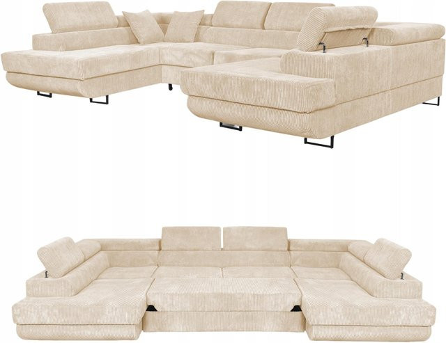 Ausklappbares U-förmiges Ecksofa von Savio Family Möbel in Beige Cord - Bild 1
