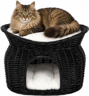 Lionto Weidenkorb für Katzen als Höhle in Schwarz mit herausnehmbarem Kissen - Bild 1