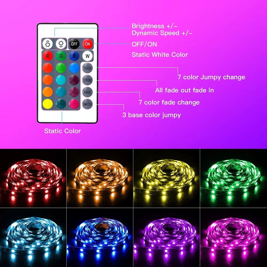 Shine-Tale RGB LED Streifen mit Bluetooth und 24-Key Fernbedienung, USB 5V, Multicolour, 1-30M - Bild 2