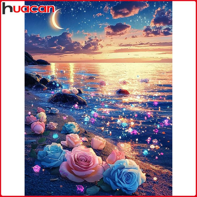 Huacan DIY Diamantmalerei Rose Strand Sonnenuntergang Landschaft Mosaik-Gemälde, Mehrfarbig, B/H: 30 x 20 cm - Bild 1