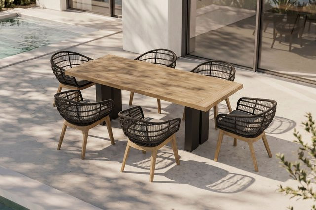 OUTFLEXX Bob Garten-Essgruppe aus Aluminium, recyceltem Teak und Rope in Anthrazit/Natur mit 6 Sesseln, Tisch B: 220 cm, T: 100 cm, H: 76 cm - Bild 1