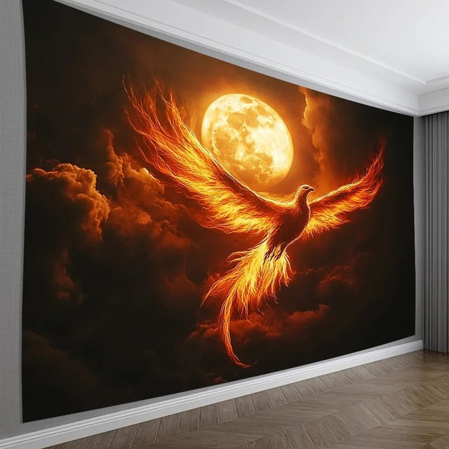 VIKAMA Blaze Phoenix Wandteppich mit Wolkenmustern in Orange im Fantasy-Stil - Bild 1