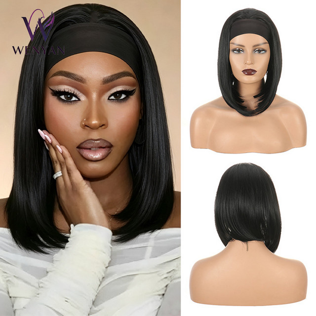 WENYAN Bob-Stirnbandperücke, 12 Zoll, Schwarz, Synthetikhaar, Damen - Bild 1