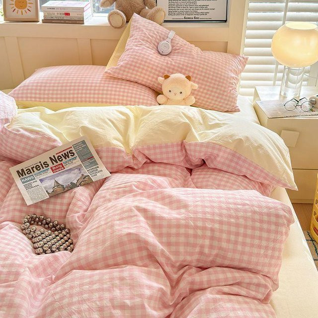 Bin Chi Textiles Bettwäsche-Set mit Karomuster in Rosa, bestehend aus Bettbezug, Kissenbezügen und Spannbettlaken, B/H: 150 x 200 cm - Bild 1