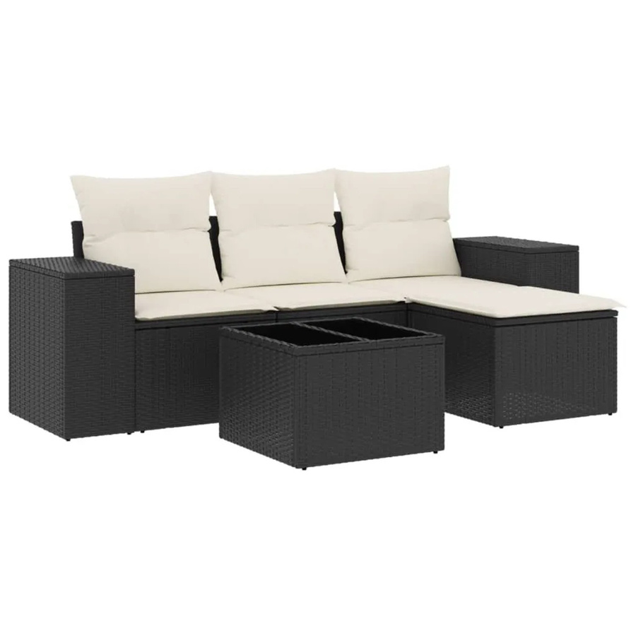 vidaXL 5-tlg. Garten-Sofagarnitur in L-Form aus Poly-Rattan mit Kissen und Glastisch in Schwarz - Bild 2