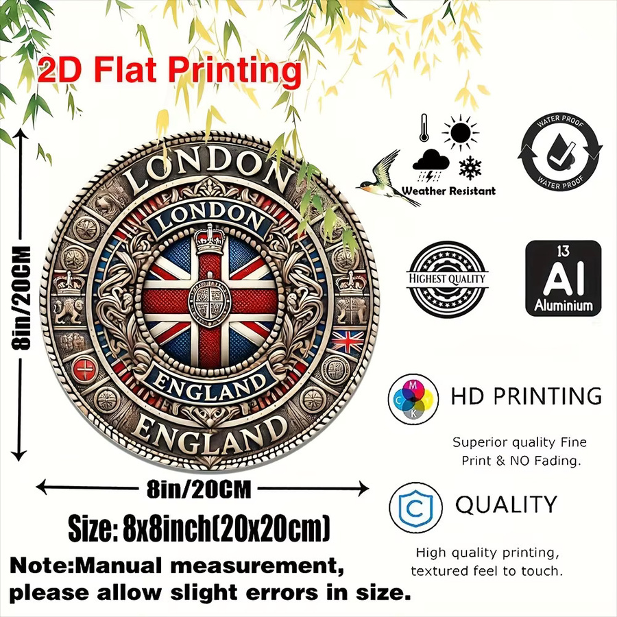 Potdemiel Vintage London England Wandbild aus Metall, Rundes Aluminium-Wandbild mit Union Jack Design, B/H: 20,32 x 20,32 cm, Mehrfarbig - Bild 2