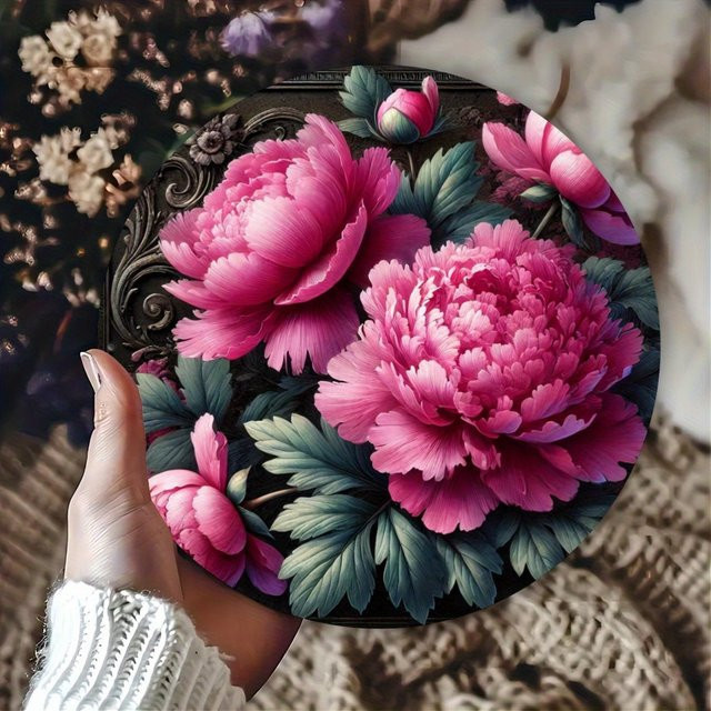 Potdemiel Metallwandkunst Pfingstrosen Blumenkranz in Pink, Rundes Blumen-Schild aus Eisen für Innen und Außen, Durchmesser: 20 cm - Bild 1