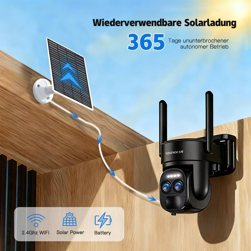 SZSINOCAM 2er-Set WLAN PTZ Außenkamera mit integriertem Akku und Solarpanel, kabellose HD IP-Videoüberwachungskamera in Schwarz - Bild 4