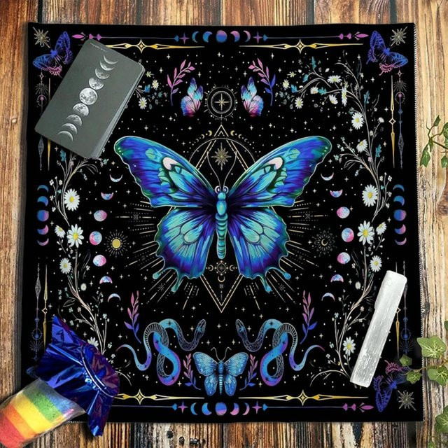 VIKAMA Wandteppich mit blauem Schmetterlingsdruck und Boho-Design als Orakelkarten-Matte für deine Heimdekoration - Bild 1