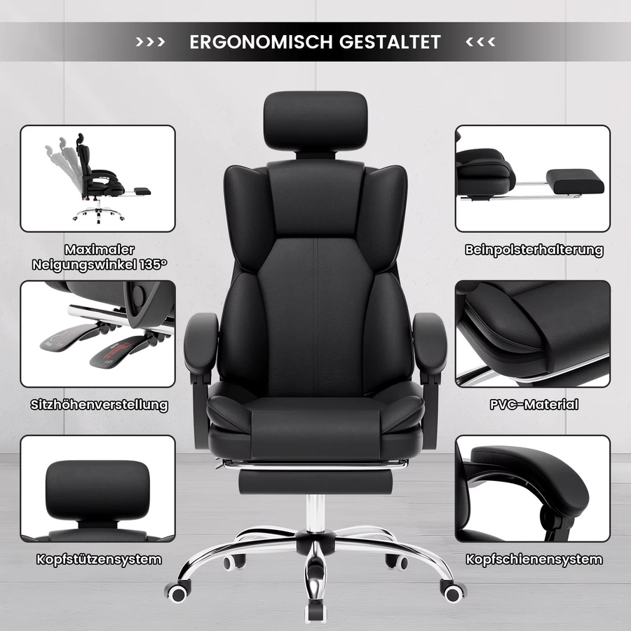 SUKIDA Gaming-Stuhl Ergonomischer Gamer-Stuhl mit Fußstütze und Kopfstütze in Beige-Schwarz aus Kunstleder - Bild 4