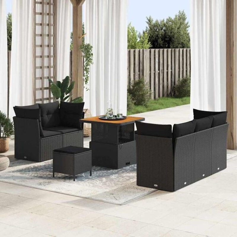 Vidaxl Polyrattan Garten-Sofa-Set mit 8 Teilen und Kissen in Schwarz, modernes Loungemöbel-Set aus Rattan und Metall, B/T/H: 80 x 80 x 71 cm - Bild 1