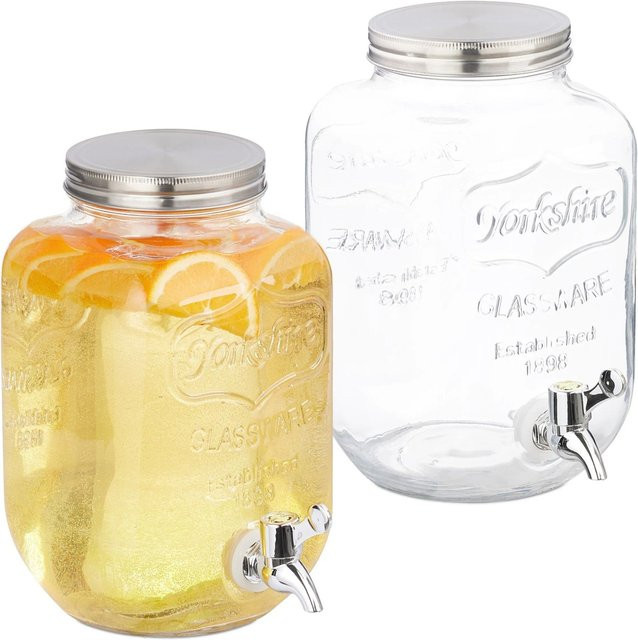 Relaxdays Getränkespender aus Glas in Transparent und Silber mit Zapfhahn, 2er Set, 4 l pro Spender - Bild 1