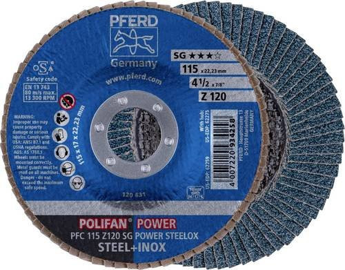 PFERD POLIFAN POWER Fächerschleifscheibe Steelox Blau Durchmesser: 115 mm, Bohrungs-Ø: 22,23 mm, Körnung: 120 - Bild 1