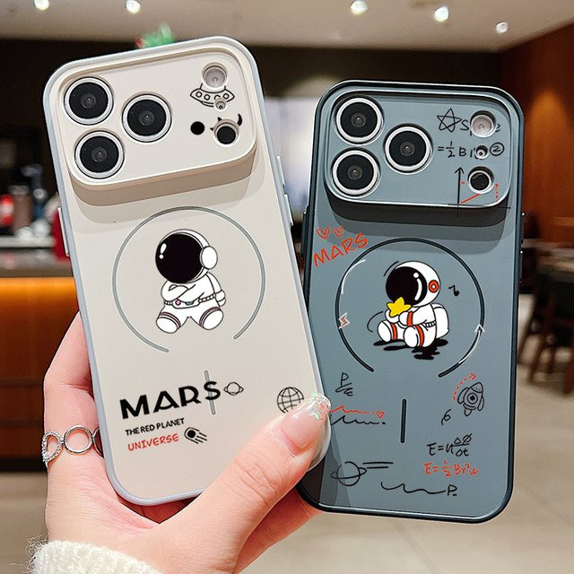 YISHANGOU Magnetische Handyhülle mit Cartoon-Astronauten-Druck für iPhone 17 Pro, 16, 15, 14, 13 Pro Max, MagSafe kompatibel, Farbe: Schwarz - Bild 1
