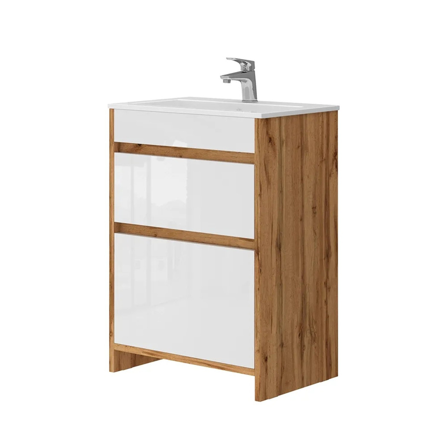 Vicco Badmöbel-Set Detmold Waschbecken mit Unterschrank in Eiche und Weiß, Breite: 60 cm, Tiefe: 40 cm, Höhe: 81,9 cm - Bild 3