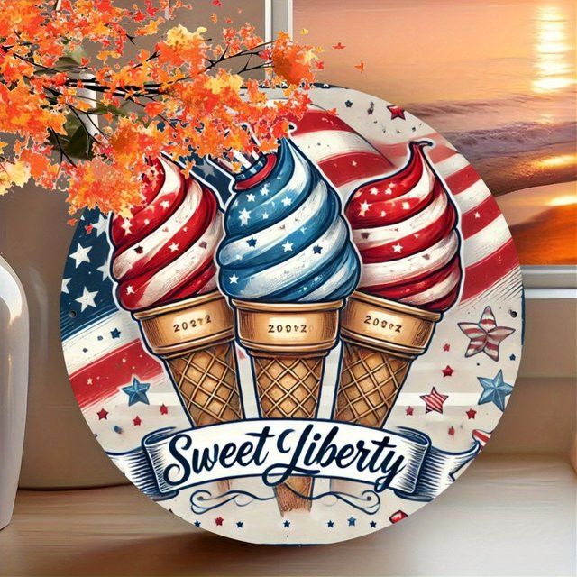 Rundes Metall-Wandschild von Potdemiel mit amerikanischer Flagge und Sweet Liberty Design, Durchmesser: 19,8 cm - Bild 1