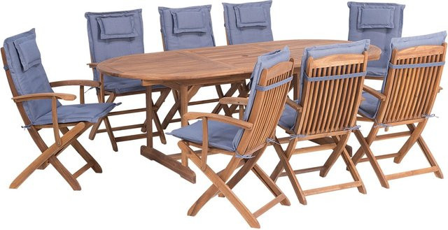 Beliani Gartentisch Set MAUI in Heller Holzfarbe und Blau, B/T/H: 220 x 85 x 93 cm - Bild 1