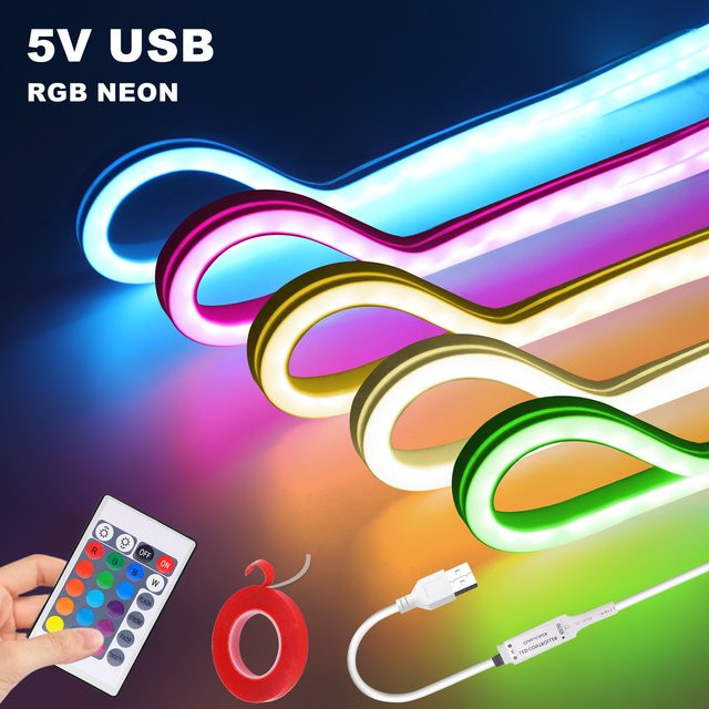 HEGEHE RGB Neon Flex LED Streifen mit Fernbedienung, USB-Betrieb, wasserdicht und selbstklebend, Multicolour - Bild 1
