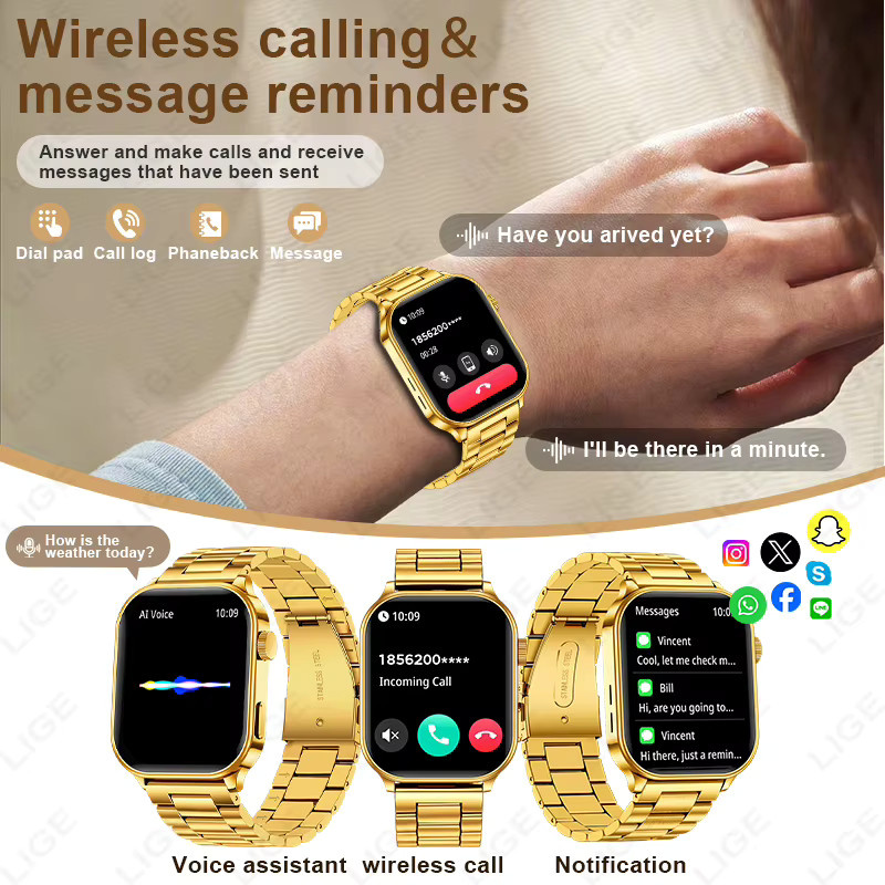 LIGE Smartwatch, Edelstahl, Schwarz, Gold, Unisex - Bild 2