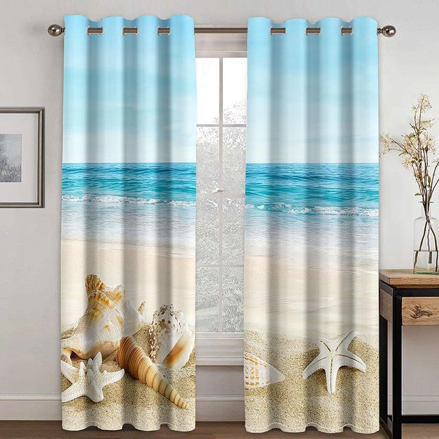 Dekorative 3D Vorhänge mit Strandmotiv Sonne Seestern und Muschel in Blau, 2 Paneele, B: 50 cm, H: 130 cm - Bild 1