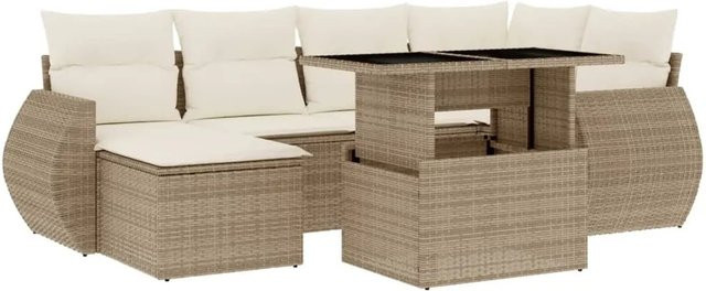 vidaXL 7-teilige Garten-Sofagarnitur in L-Form aus Poly-Rattan mit Kissen in Beige-Creme - Bild 1
