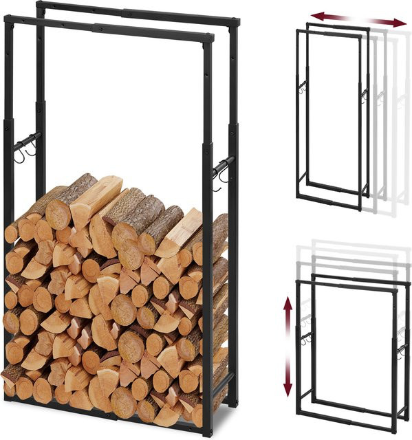 EUGAD Holzregalhalterungen für Innen- und Außenkamine aus Metall in Schwarz, verstellbares Brennholzregal mit 4 Haken, B/T/H: 150 x 65 x 25 cm - Bild 1