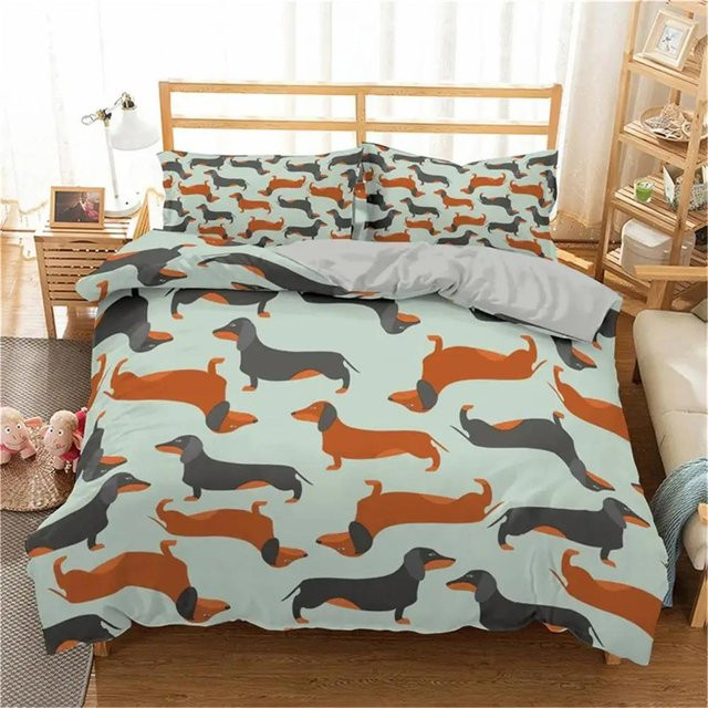 Bettwäscheset mit Cartoon-Dackel von Your Warm Home, 3-teiliges Set aus Polyester in Mehrfarbig, Bettbezug B/H: 210 x 210 cm und 2 Kissen B/H: 50 x 70 cm - Bild 1