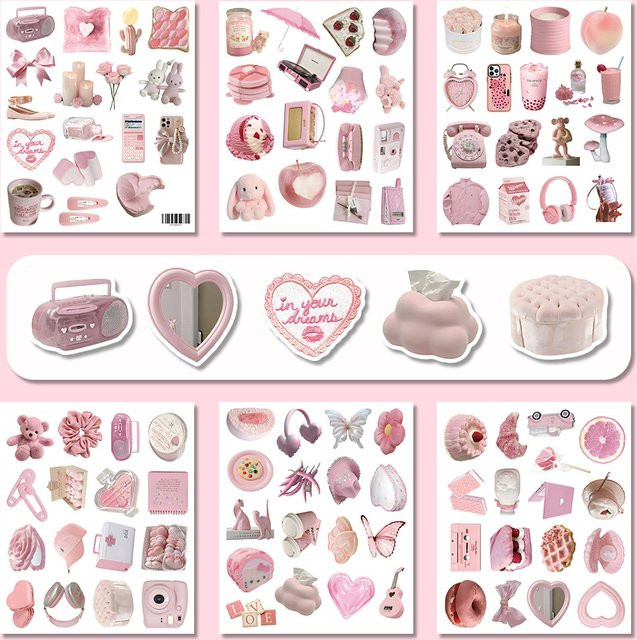 Kawaii Aufkleber-Set in Rosa mit 100 Stück für Wasserflaschen und Tagebücher - Bild 1