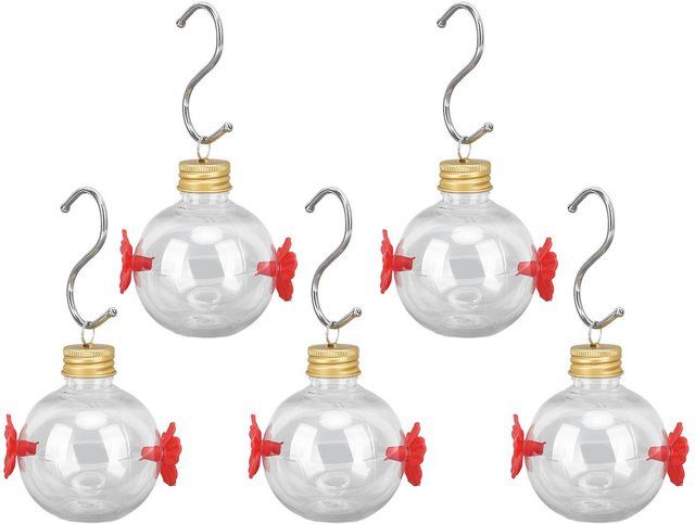 5er Set CosyHome Kolibri-Futterspender aus Kunststoff in Weiß mit roten Blüten, Round Bulb Shape, 150 ml - Bild 1