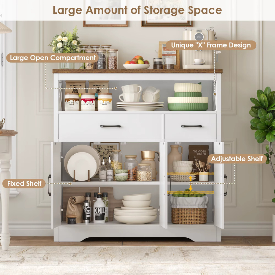 Getone Sideboard in Weiß mit 2 Schubladen und 3 Türen, moderner Küchenschrank und Buffetschrank mit Arbeitsplatte aus Holzoptik - Bild 3