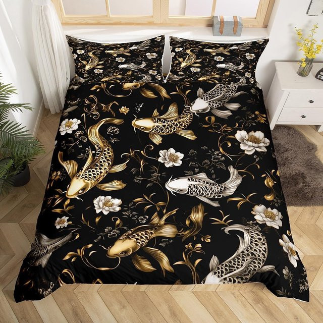 Koi Fisch Bettwäsche Set mit Japanischem Kirschblütenbaum Design für Kinder und Teenager, B/B/H: 135 x 200 cm - Bild 1