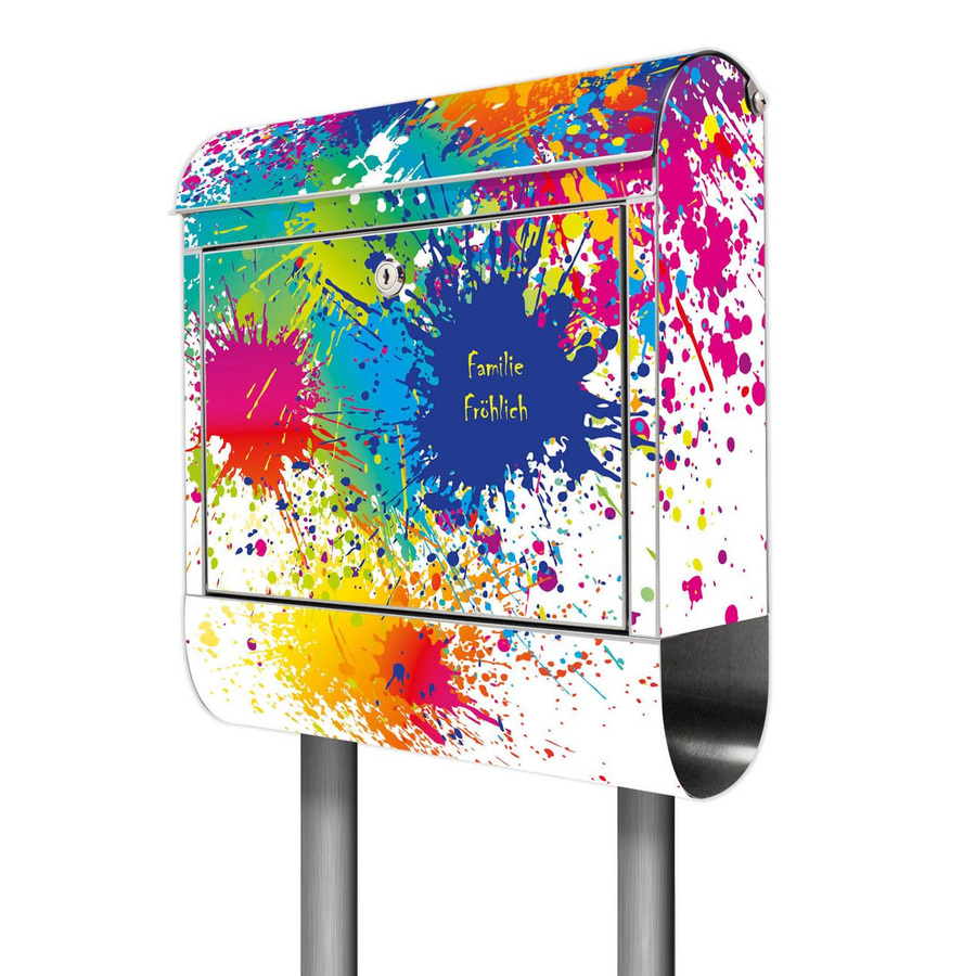 banjado Briefkasten aus Edelstahl mit Standfuß und Zeitungsfach Motiv Farbspritzer, Farbe: Mehrfarbig, H x B x T: 161,5 x 38 x 14 cm - Bild 1