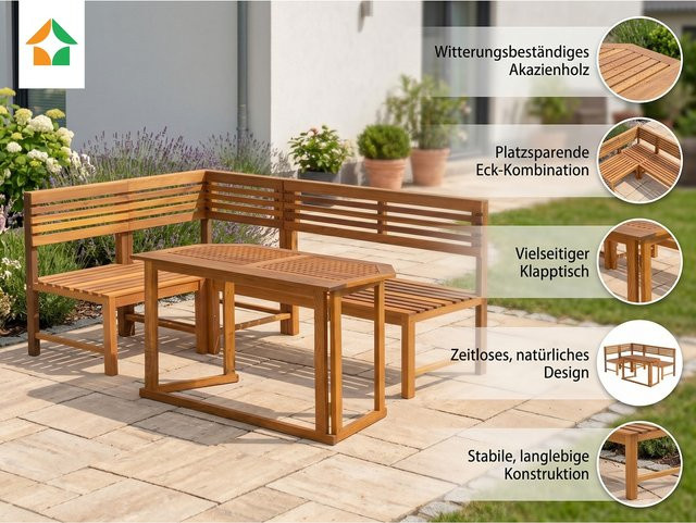 Prestige Home Living Outdoor Balkontisch-Set mit Eckbank aus Akazienholz und Eukalyptusholz in Braun, klappbar und wetterfest - Bild 1