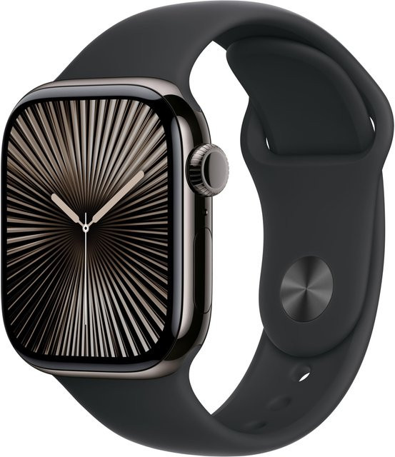 Apple Watch Series 10 GPS + Cellular, 42 mm Titangehäuse Schiefer, Sportarmband Schwarz S/M - Bild 1