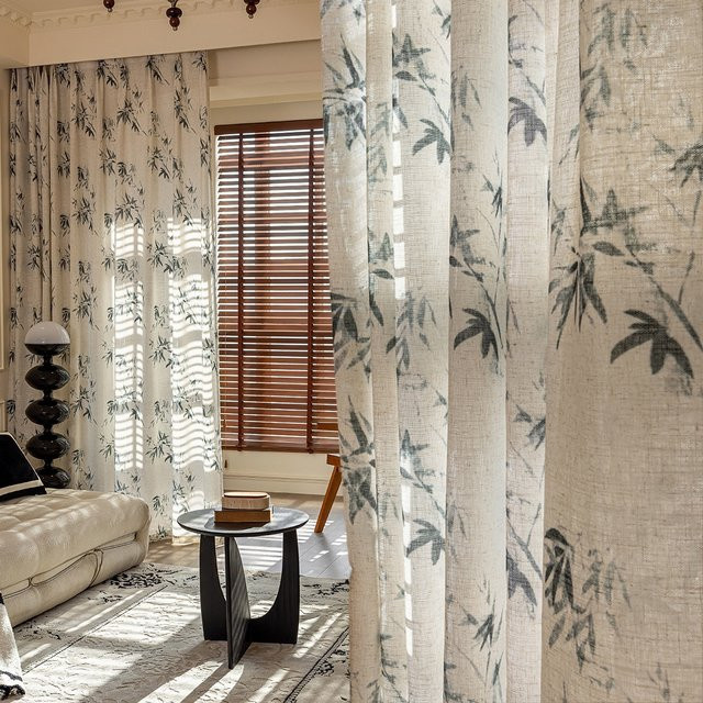 CENTURyMiG Fenstervorhang aus Leinen mit Bambusdruck in Beige, UV-Schutz, Vintage-Stil, semi-transparent, Breite: 100 cm, Höhe: 200 cm - Bild 1