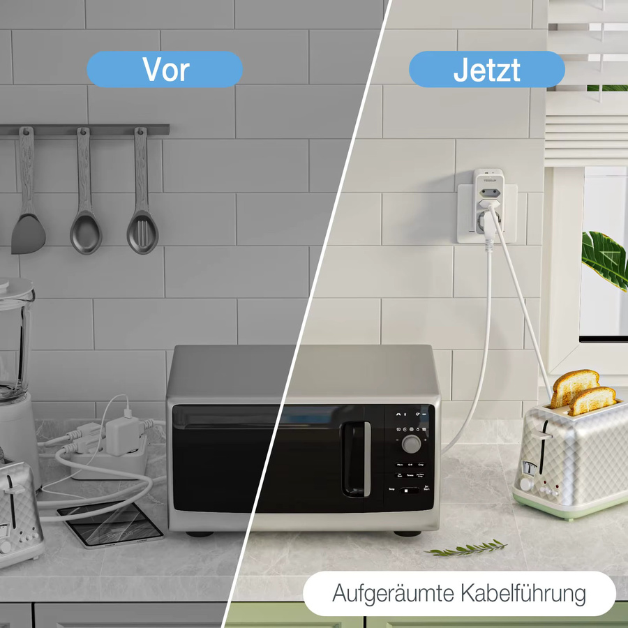 TESSAN 5-in-1 EU-Steckdosenadapter mit 3 Steckdosen, 1 USB und 1 Typ-C-Anschluss in Weiß oder Grau - Bild 4