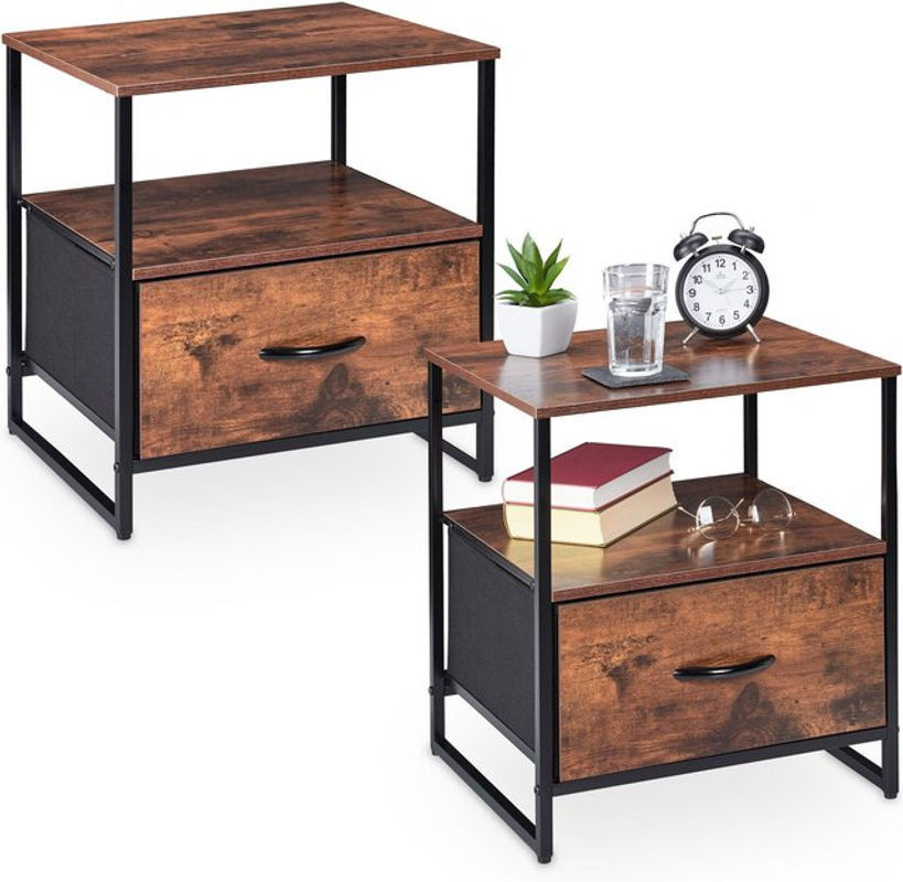 Relaxdays Nachttisch Industrial 2er Set mit Schublade, Schwarz/Braun, H x B x T: 50 x 45 x 42,5 cm - Bild 1