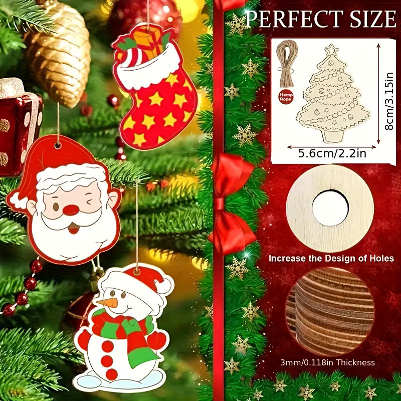 DUTRIEUX Weihnachtsschmuck aus Holz Set mit Socken, Glocken und Schneeflocken in Weiß, 80 Stück mit 20 m Juteseil für DIY Weihnachtsdekoration - Bild 1