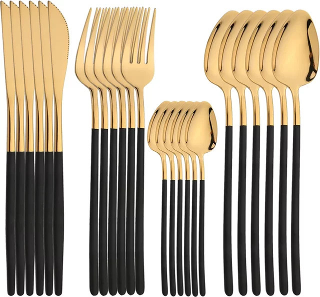AJOYOUS Besteckset aus Edelstahl mit 24 Teilen in Silber oder Gold, bestehend aus Gabeln, Messern und Löffeln - Bild 1