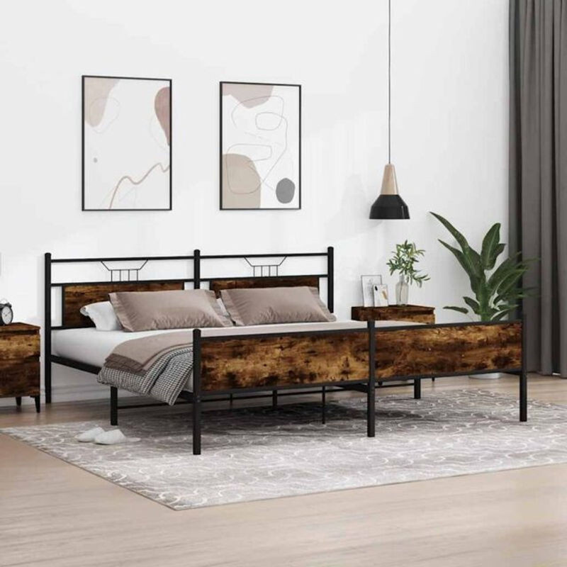 Metallbett vidaxl in Räuchereiche Braun aus Metall und Holzwerkstoff im Industrial Design B/T/H: 193 x 201 x 91,5 cm ohne Matratze - Bild 1