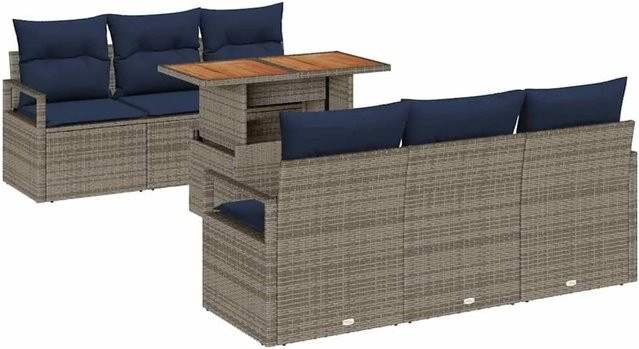 vidaXL Garten-Sofa-Set 7-teilig mit Kissen in Grau und Marineblau aus Poly-Rattan und pulverbeschichtetem Stahl mit Stauraumfunktion - Bild 1
