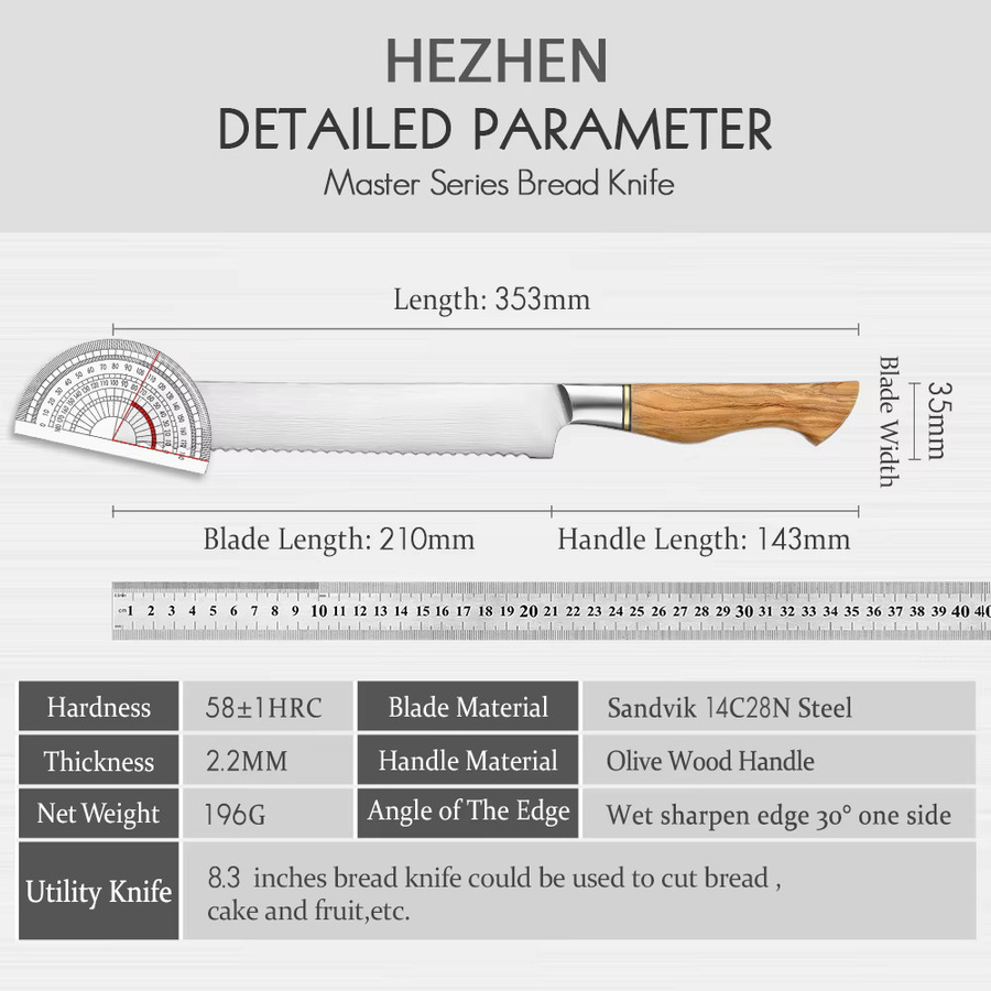 HEZHEN Brotmesser aus Sandvik Edelstahl mit Olivenholzgriff in Silber und Braun - Bild 6